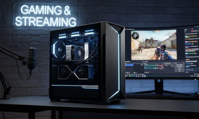 تجميعة حاسوب اقتصادي للألعاب والبث المباشر بتصميم عصري وإضاءة RGB، مع ميكروفون وشاشة تعرض برنامج OBS ولعبة، لتوثيق أداء جهاز بـ 3000 ريال سعودي في 2026
